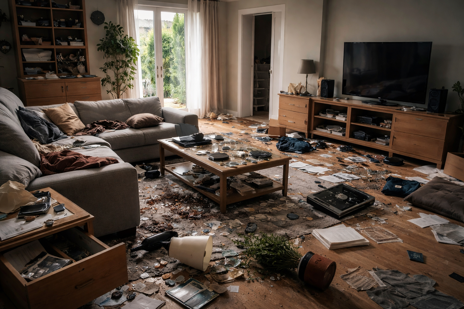 Living room after a burglary with overturned furniture, open drawers and belongings scattered across the floor.