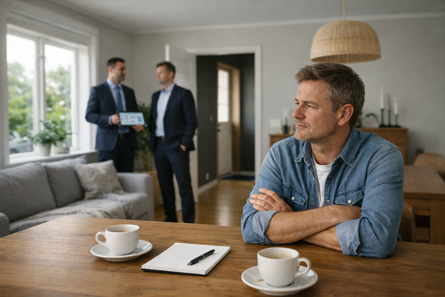 A homeowner sitting at a table with coffee, listening skeptically while two alarm salesmen present a security system in the background.