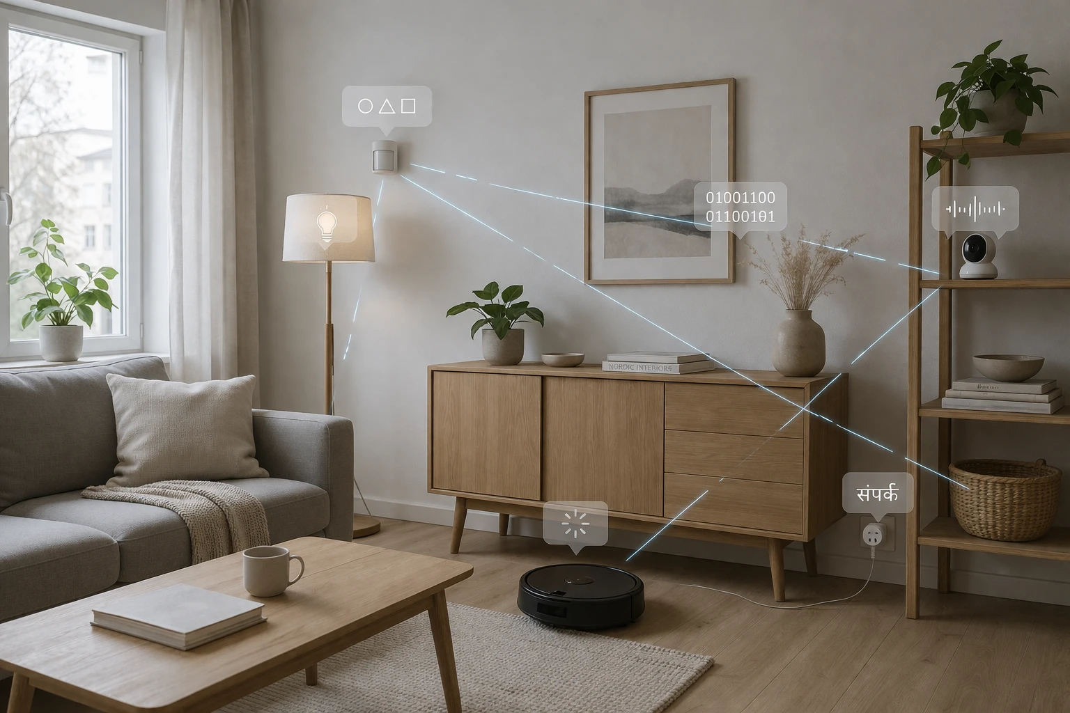 Smart home devices communicating in a modern living room with sensor, camera, smart light and robot vacuum connected