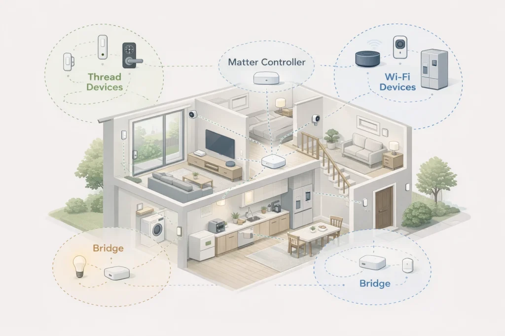 Smart home illustration of a two-story house showing a Matter controller, Thread devices, Wi-Fi devices, and a bridge connecting older devices.