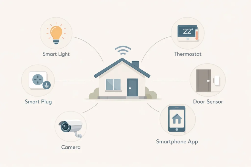 Simple smart home illustration showing connected devices like lights, sensors and smartphone app