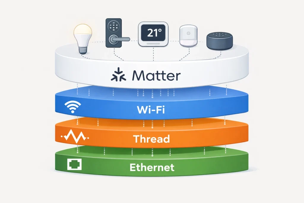 Conceptual illustration of Matter as a shared smart home language above Wi-Fi, Thread, and Ethernet, connecting devices such as a light bulb, door lock, thermostat, sensor, and smart speaker.
