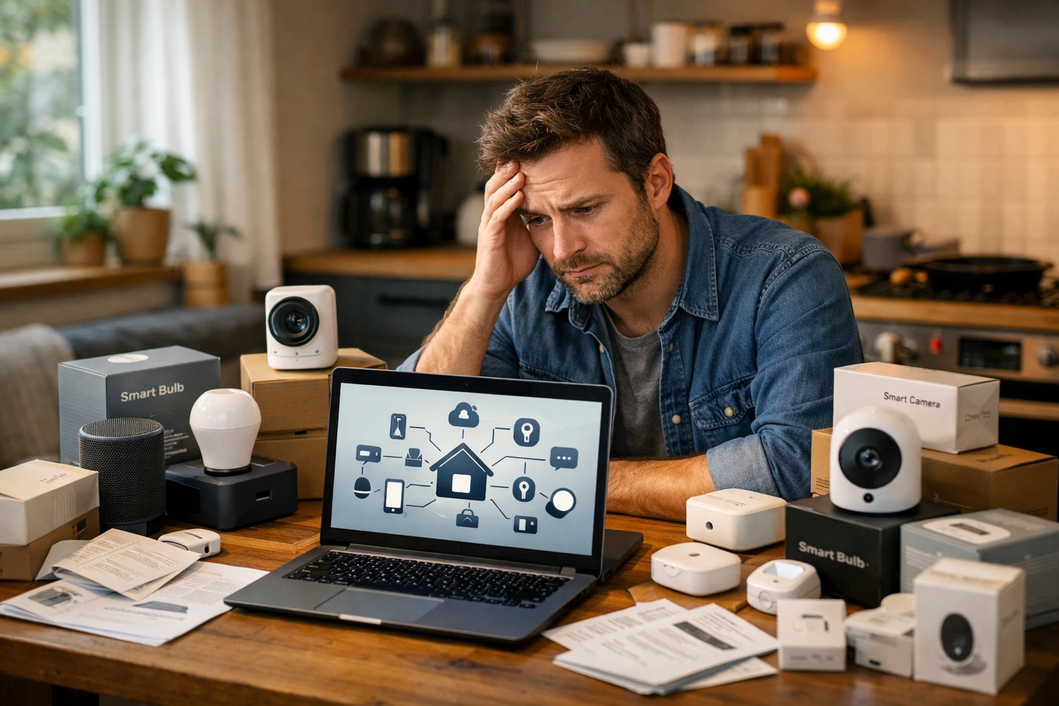 Person sitting at a table surrounded by smart home devices, researching how to start a DIY smart home project