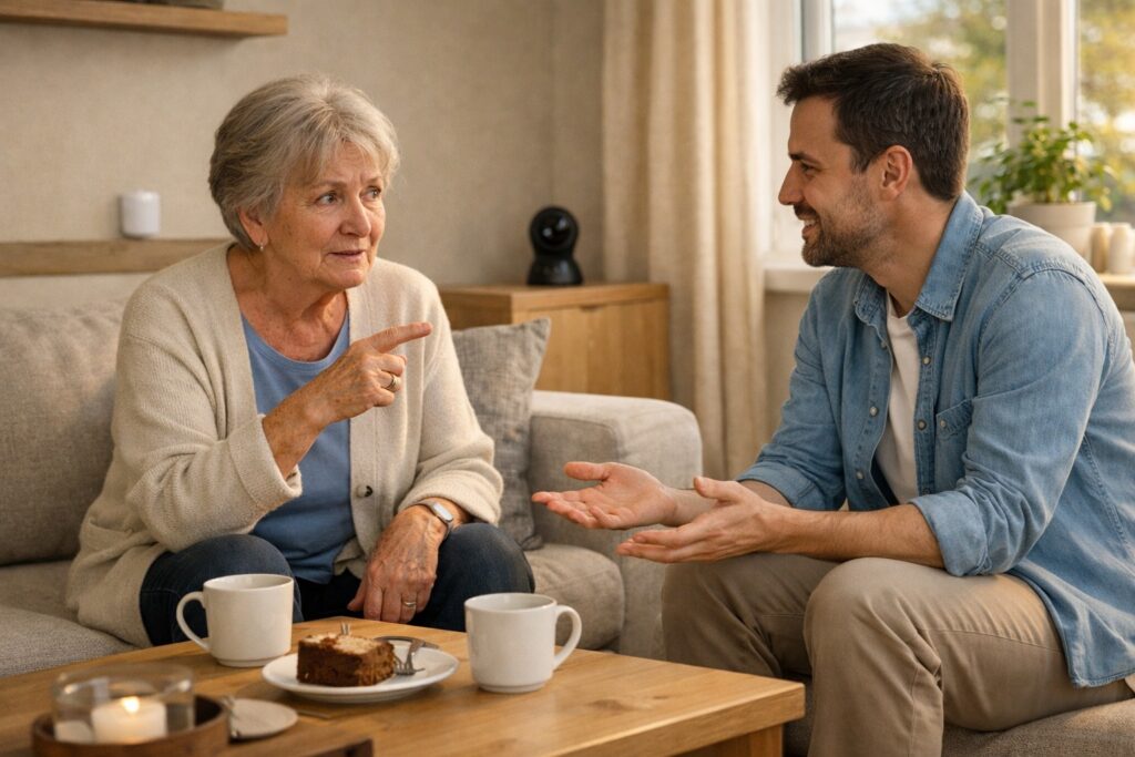 Man explaining smart home setup to older woman in living room with coffee and cake.