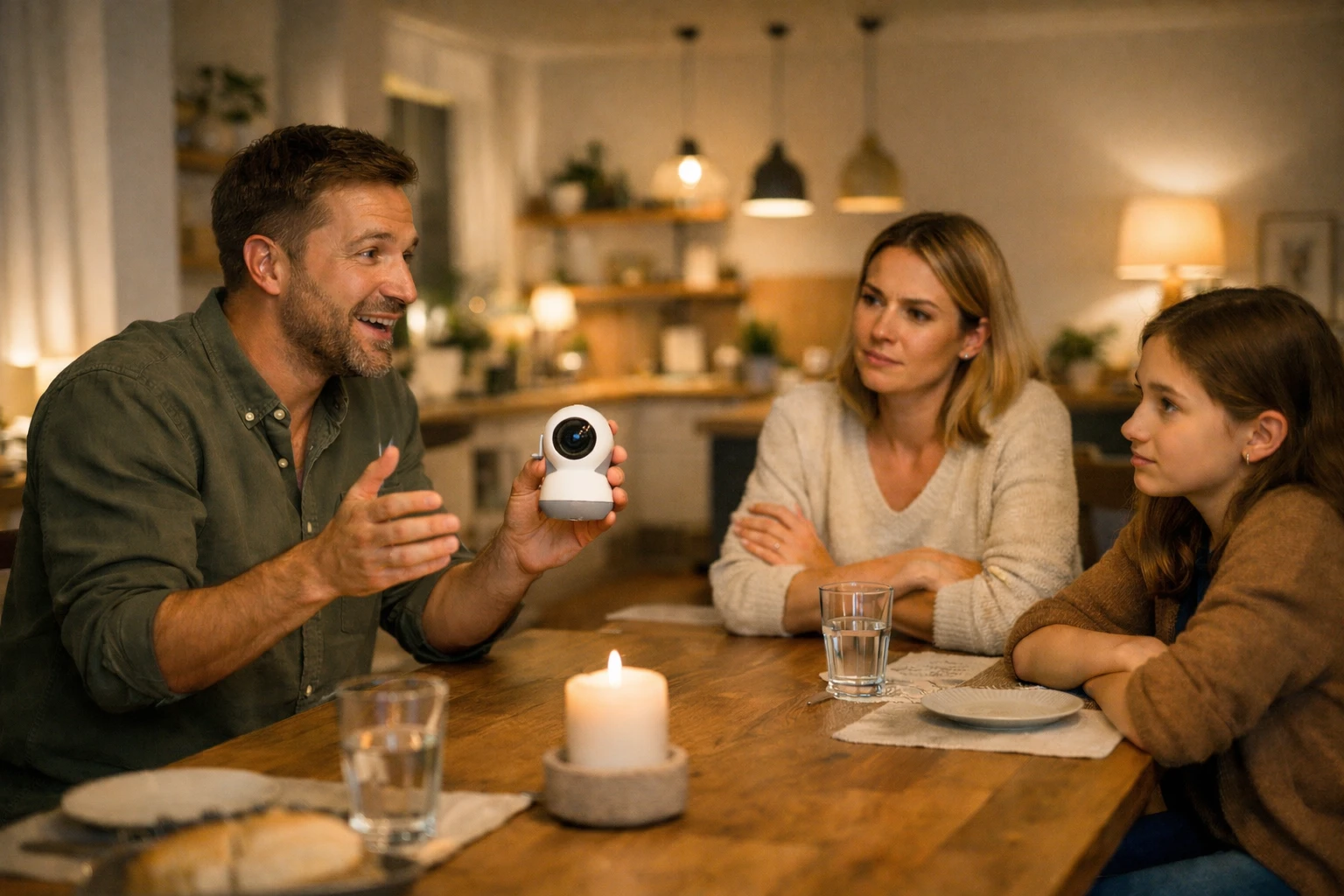 Family discussing a DIY smart home security idea around the dinner table