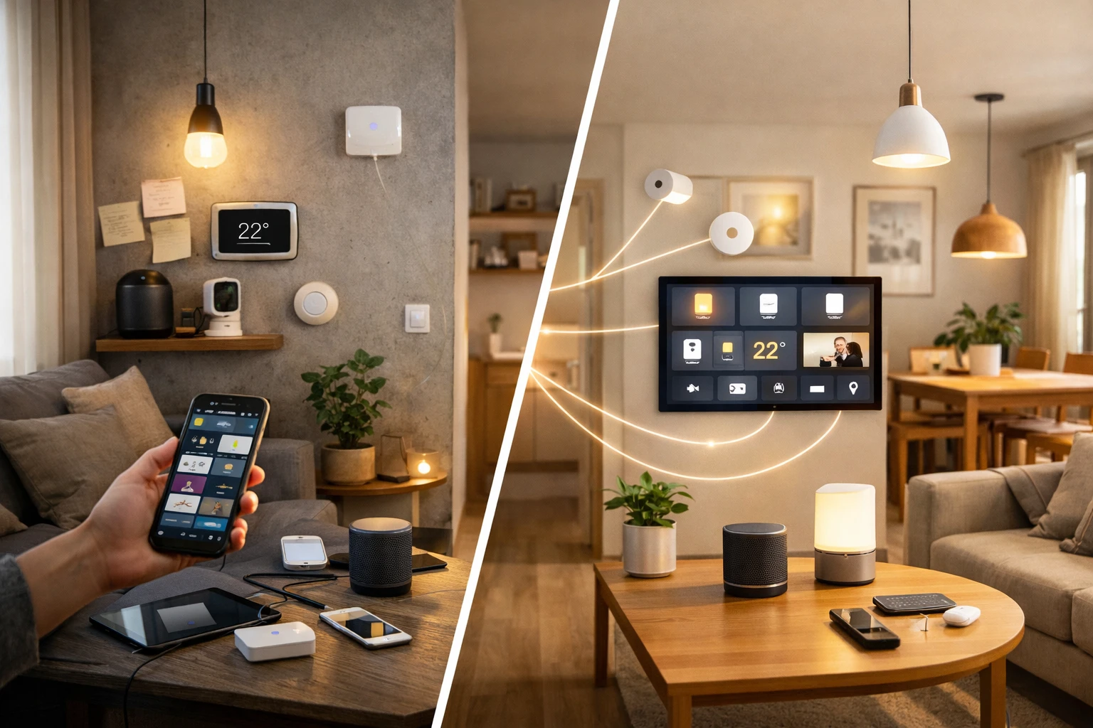 Split image of a modern smart home: fragmented devices on the left, a unified Matter smart home system on the right.