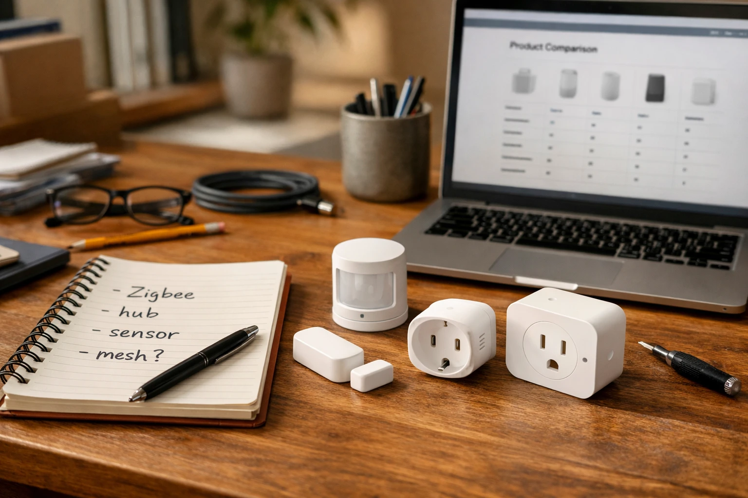 DIY smart home alarm research setup with sensors, hub, and notes about Zigbee on a desk.