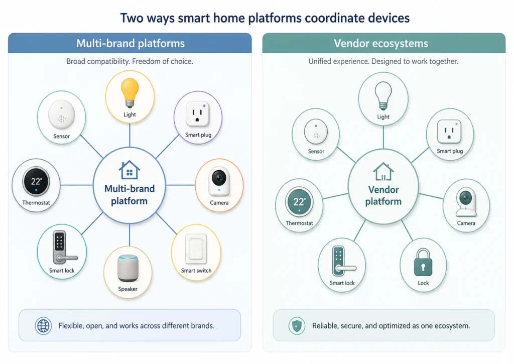 Smart home comparison diagram showing multi-brand platforms connected to different smart home devices and vendor ecosystems connected mainly to devices from one brand.