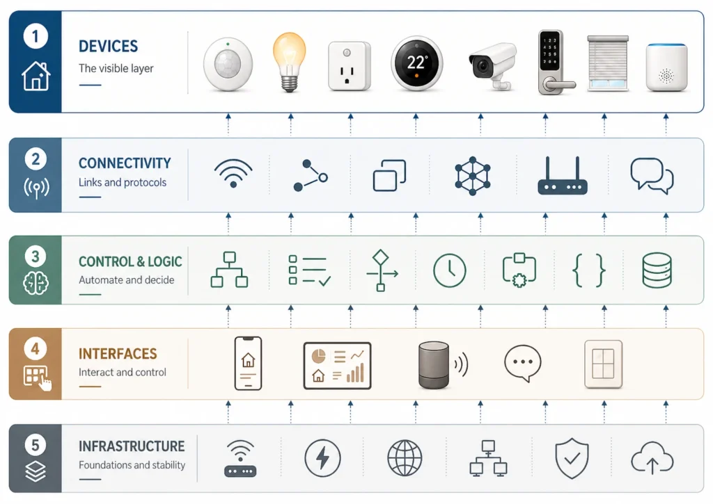 ayered smart home diagram showing devices at the top and invisible smart home layers below, including connectivity, control and logic, interfaces, and infrastructure.