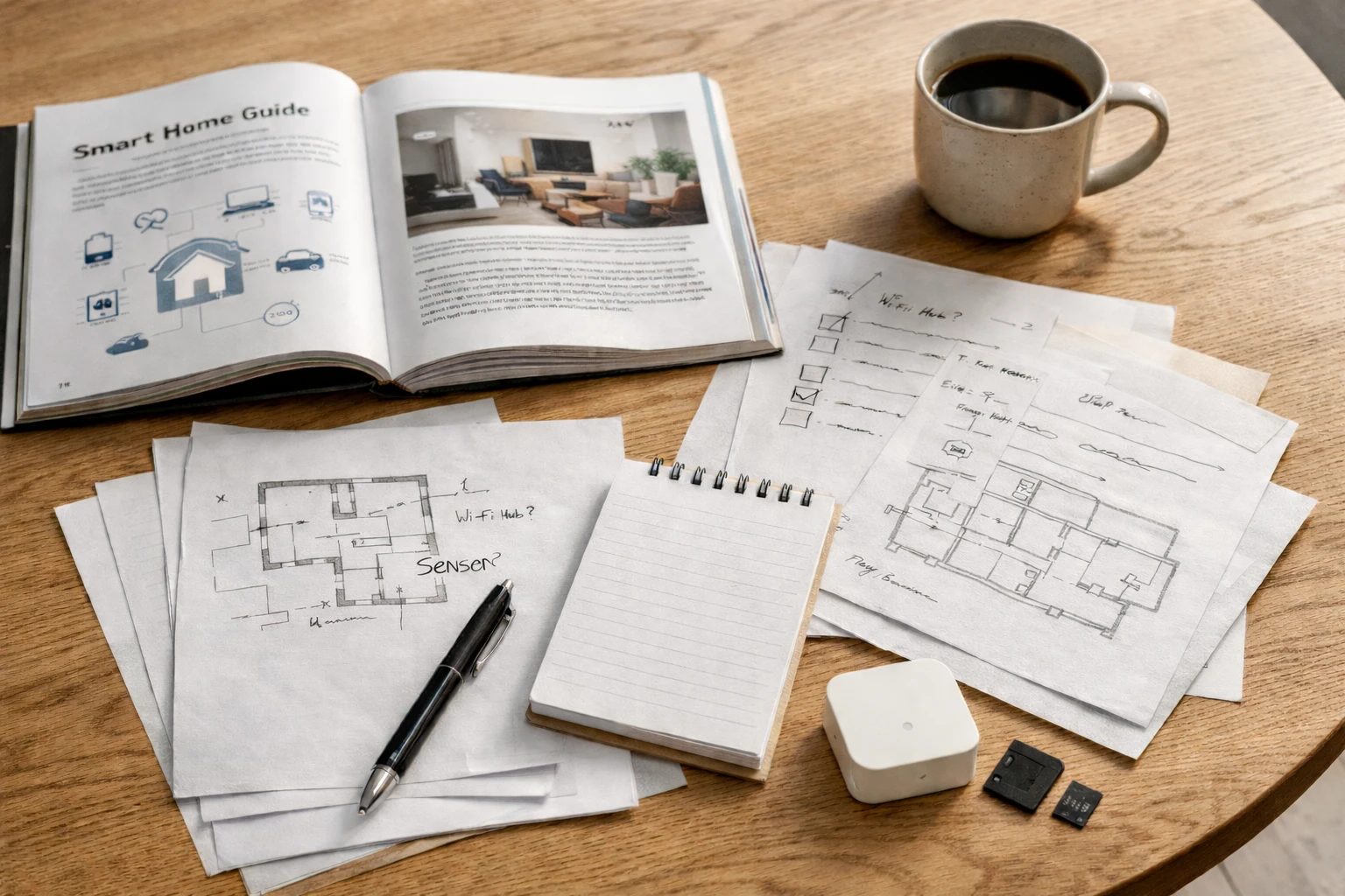 Desk workspace with smart home planning notes, checklist pages, a blank notepad, and a small sensor arranged in a slightly messy but purposeful layout.