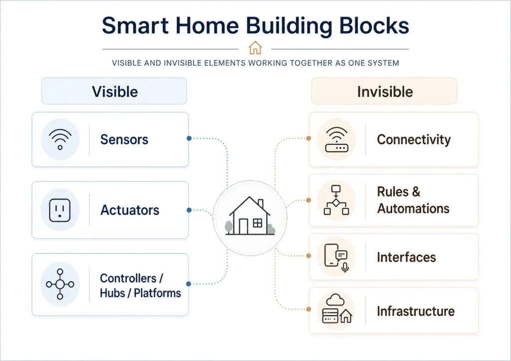 Smart home diagram showing visible building blocks such as sensors, actuators, and controllers, alongside invisible layers such as connectivity, automations, interfaces, and infrastructure.