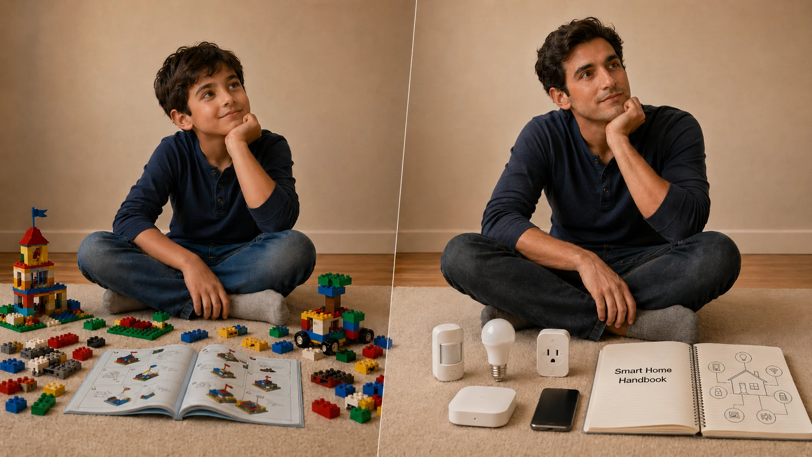 Split-image showing the same person at two stages of life: as a young boy building with Lego bricks and instructions, and as an adult sitting in the same pose with smart home devices and a Smart Home Handbook.