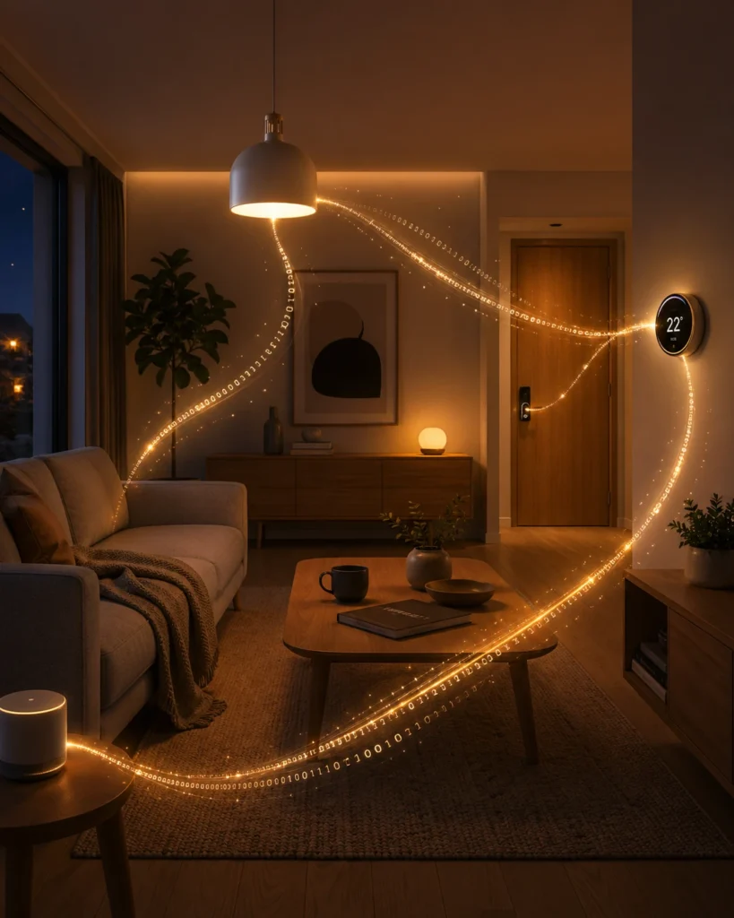 Warm living room with connected smart home devices and glowing data lines flowing between a speaker, lamp, thermostat, and door.