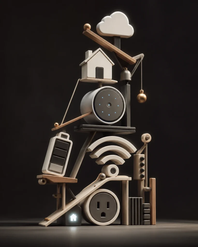 Abstract balanced sculpture made from smart home symbols including a house, Wi-Fi sign, plug, cloud, and connected devices.