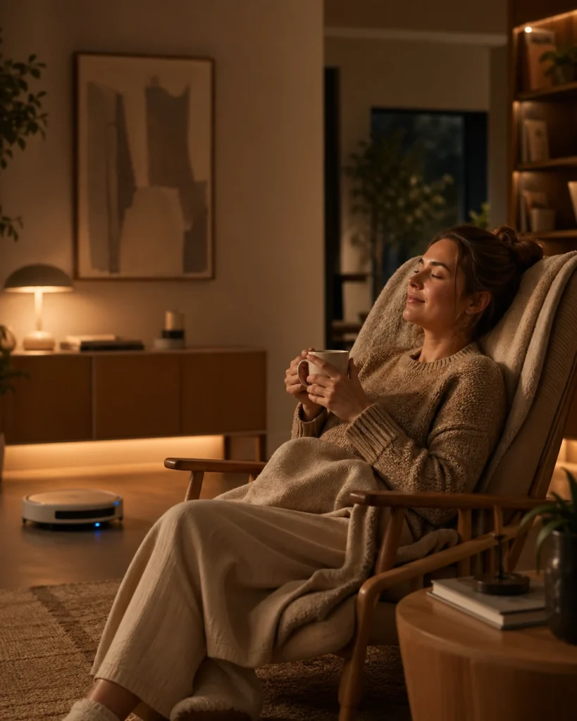 Woman relaxing in a warmly lit living room while a robot vacuum quietly works in the background.