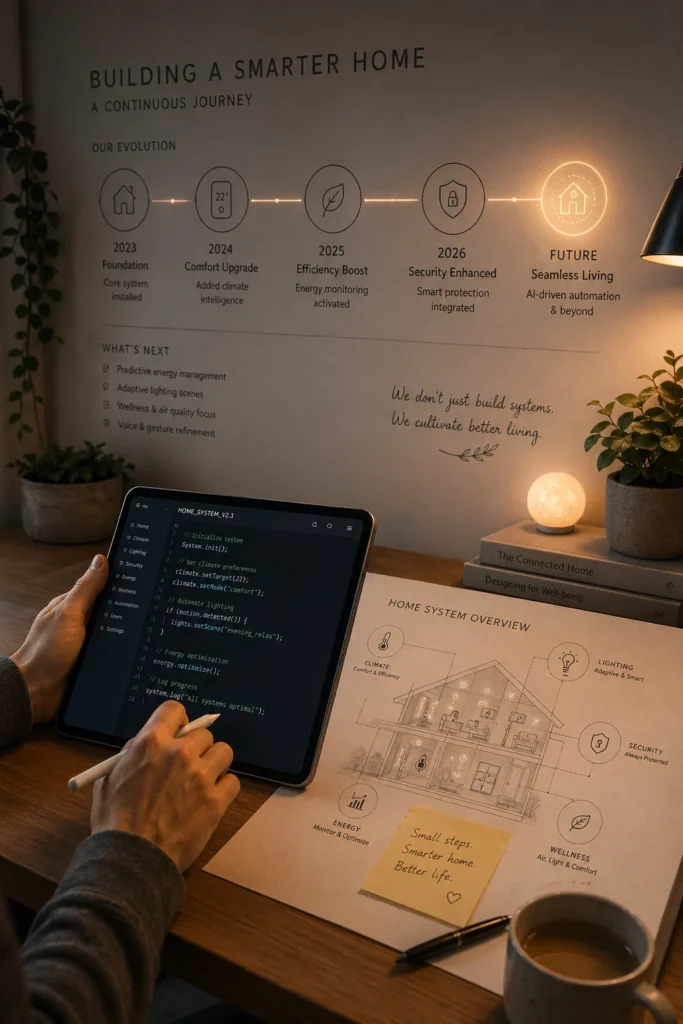 Tablet, home system plan, and timeline for smart home improvements on a desk in a softly lit room.