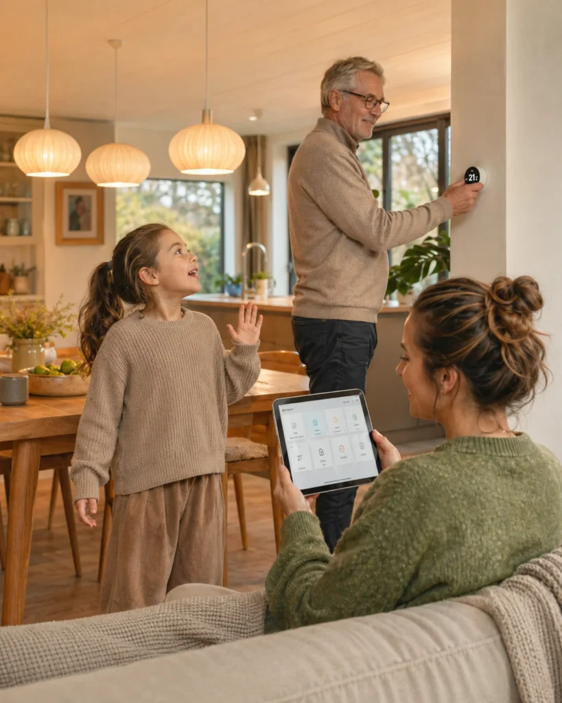 Family in a bright home using smart home controls together, with one person adjusting a thermostat and another holding a control tablet.